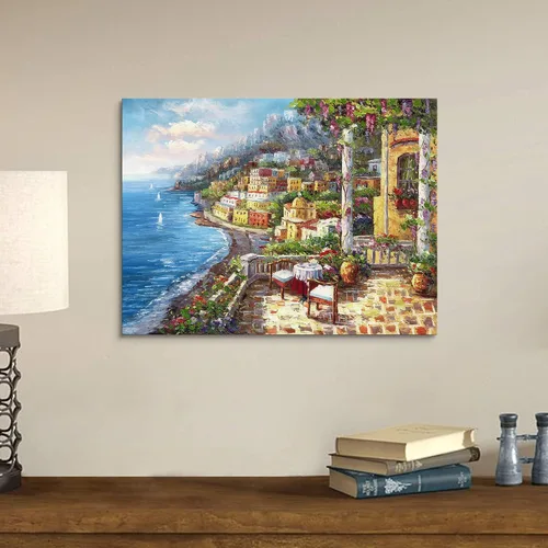 Vista 3 de Pintura de Italia lienzo al óleo arte de la pared: arte mediterráneo de paisaje urbano italiano, imagen de mar italiano, decoración moderna