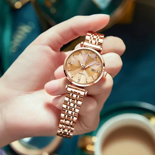 Vista 5 de OLEVS Reloj de mujer con diamantes de lujo, reloj de pulsera de oro rosa, de acero inoxidable, luminoso, impermeable, con fecha