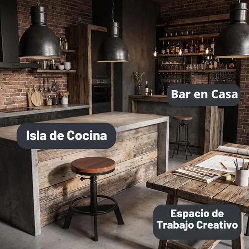 Vista 7 de Juego de 2 taburetes de bar industriales, taburete corto, asiento giratorio de madera, sillas de isla de cocina, altura ajustable, 15.2-21 pulgadas