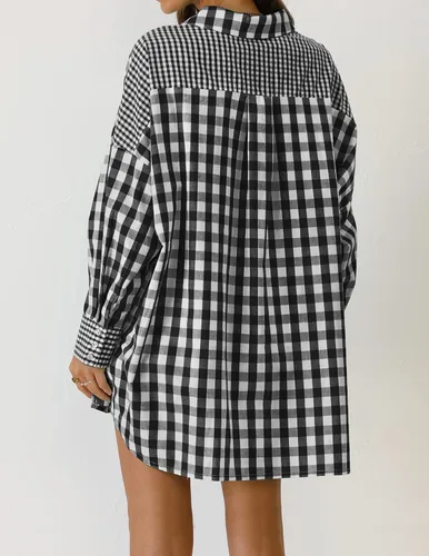 Vista 3 de ZESICA Women's Casual Plaid Patchwork Long Sleeve Button Down Oversized Shirt Blouse Top