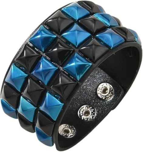 Vista 2 de Juego de 3 pulseras de cuero con remache cuadrado azul oscuro, estilo punk, unisex