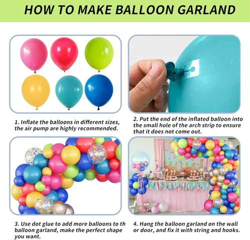 Vista 7 de Kit de arco de guirnalda de globos coloridos, globos surtidos de arcoíris, globos de látex de confeti multicolor, rosa intenso, pavo real, azul