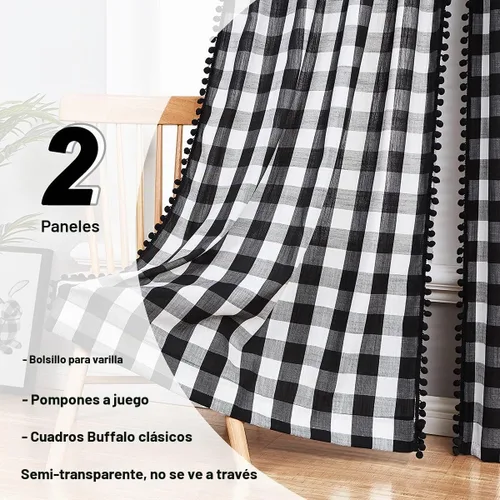 Vista 3 de Cortinas de cuadros blancos y negros con pompones, 45 pulgadas, semitransparentes a cuadros Blanco y negro
