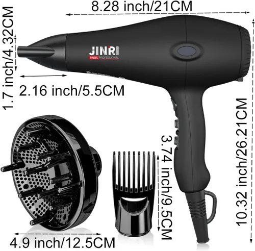 Vista 2 de JINRI - Secador de pelo 1875W Difusor de soplado para salón y uso personal - Potente, secado rápido con difusor, boquilla y peine para mujeres