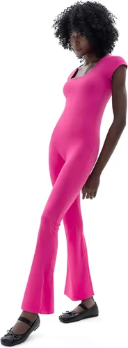 Vista 3 de PUMIEY Overol acampanado para mujer, cuello redondo, manga corta, ajustado, casual, colección Chill