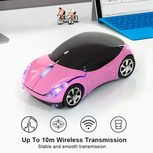Vista 2 de Lazmin112 Ratón óptico inalámbrico con forma de coche 2.4G, para MacMEWindows PCTablet Gaming Office, 1600DPI, Plug & Play (rosa)