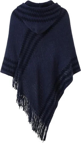 Vista 2 de Ferand Suéter poncho de punto con capucha y rayas en zigzag para mujer con flecos