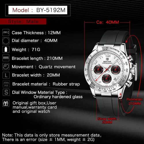 Vista 3 de BENYAR - Reloj de cuarzo para hombre, impermeable, cronógrafo, correa de goma casual con fecha