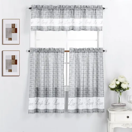 Vista 8 de Interior Trends Live Love Laugh - Juego de 3 cortinas estampadas para ventana de cocina con cenefa y paneles en niveles