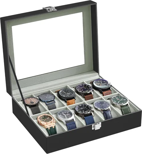 Vista 9 de SONGMICS Caja de reloj, caja de reloj de 10 ranuras con tapa de vidrio grande, almohadas extraíbles para reloj, organizador de caja de reloj, regalo