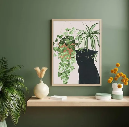 Vista 5 de 6 piezas de arte botánico de pared con diseño de gato negro, hojas verdes, plantas y plantas bohemias, arte de pared minimalista, impresiones