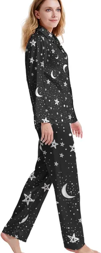 Vista 2 de ONDIAN Conjunto de pijama para mujer, ropa de dormir de manga larga con estrellas de luna y cielo nocturno estrellado