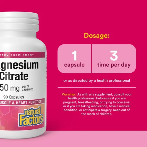Vista 3 de Natural Factors Citrato de magnesio – Suplemento diario para apoyo a la salud muscular y cardíaca – Suplemento de magnesio ayuda a huesos y dientes