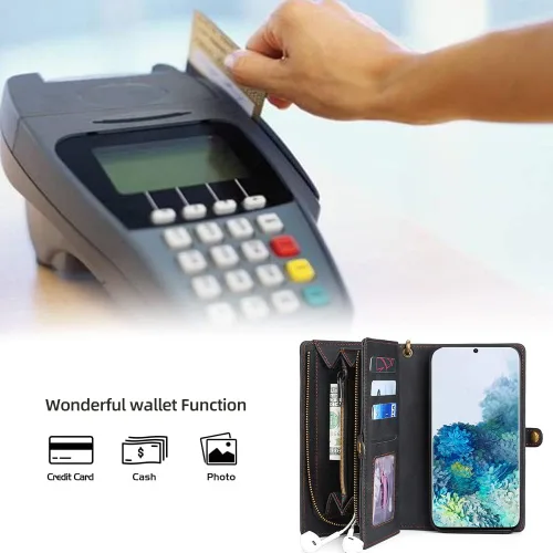 Vista 6 de Asuwish Funda de teléfono para Samsung Galaxy S20 Plus/S20+ 5G con cremallera, funda desmontable con protector de pantalla y tarjetero abatible