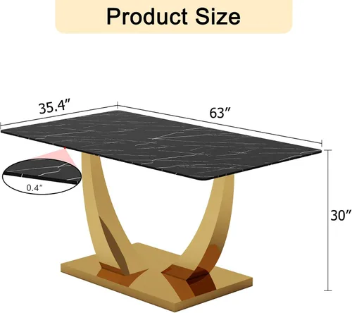 Vista 2 de Mesa de comedor moderna para mesa de comedor de mármol sintético de 4/6, 63 pulgadas, mesa de cocina rectangular, mesa de cocina y comedor de fácil