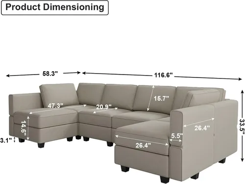 Vista 2 de Belffin Sofá modular en forma de U con asiento de almacenamiento Sofá seccional reversible con diván de terciopelo gris.