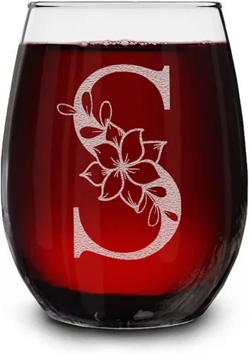 Vista 23 de Copa de vino sin tallo, con monograma floral, grabada con láser, 15 onzas, regalo inicial personalizado para ella (B)