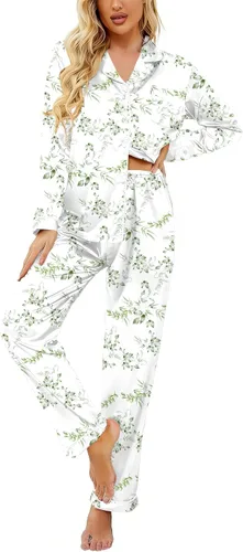Vista 36 de Ekouaer - Conjunto de pijama de satén de seda clásico con botones para mujer, de manga larga Verde militar