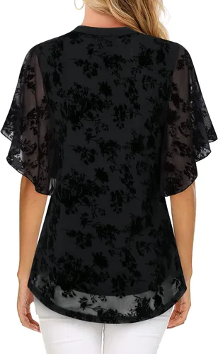 Vista 3 de Timeson Blusas de manga corta con cuello en V para mujer, camisas florales de doble capa de malla