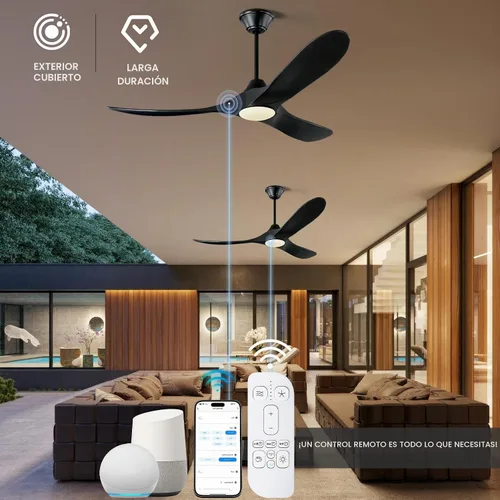 Vista 5 de Ventilador de techo inteligente negro de 52 pulgadas con luces, ventilador de techo para exteriores para patio, ventilador de techo de 3 aspas