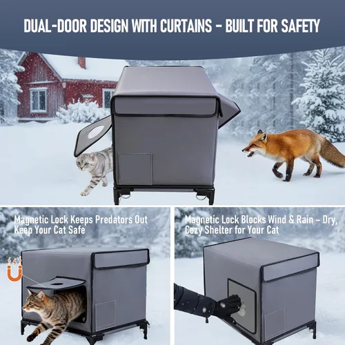 Vista 7 de Casa climatizada para gatos al aire libre con almohadilla térmica para invierno, resistente a la intemperie, aislamiento impermeable, puertas