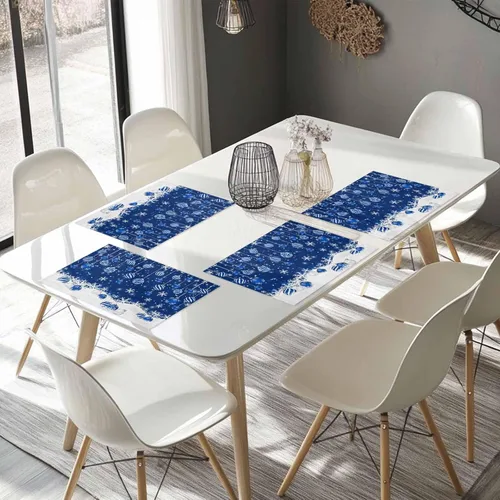 Vista 8 de Juego de 6 manteles individuales de mesa de Navidad, manteles individuales de algodón y lino antideslizantes lavables, bolas de Navidad, copos