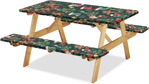 Vista 4 de Juego de 3 calcetines de árbol de Navidad de dibujos animados y galletas, funda de mesa de picnic ajustable con funda de banco, manteles Calcetines