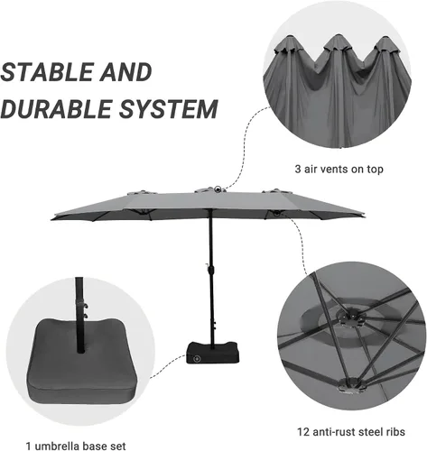 Vista 25 de Sombrilla de doble cara para patio de 15 x 9 pies con base y manivela, sombrilla rectangular extragrande para patio, césped y jardín, beige