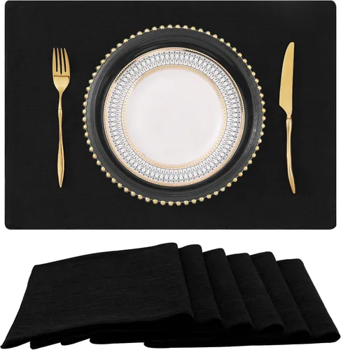 Vista 15 de homing - Juego de 4 manteles individuales de algodón y lino, manteles de tela lavables para mesa de comedor de estilo rústico para interiores y Negro