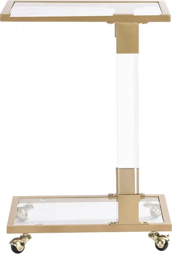 Vista 5 de Mesa auxiliar dorada para sofá con forma de C, mesa de centro de acrílico móvil con ruedas pequeñas de cristal con estantes de 2 niveles