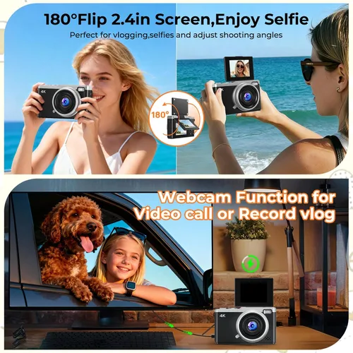 Vista 7 de MaxMango Cámara digital, cámara de vlogging de 64 MP y 2.4 pulgadas para principiantes, pantalla abatible de 180°, apunta y dispara, cámaras