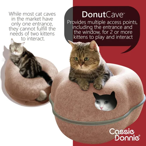 Vista 3 de Cama túnel para gatos de interior, mediana y grande, casa cueva en forma de donut de hasta 22 libras, espaciosa para 2 gatitos (marrón)