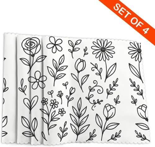 Vista 4 de Rectangular Placemats Set of 4, Heat Resistant Flower Doodles Printed Kitchen Dining Table Mats