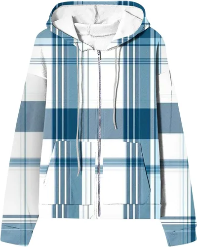 Vista 6 de Womens Long Sleeve Hooded Pullover Zip Up Plaid Drawstring Hoodies Oversized Y2K Clothes Fall Fashion Tops with Pocket