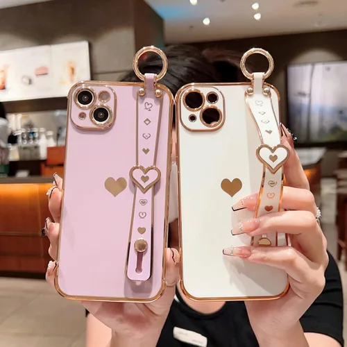 Vista 7 de Lindo corazón de amor para niñas mujeres lujo chapado borde parachoques suave TPU a prueba de golpes caso con soporte de pulsera para iPhone Negro