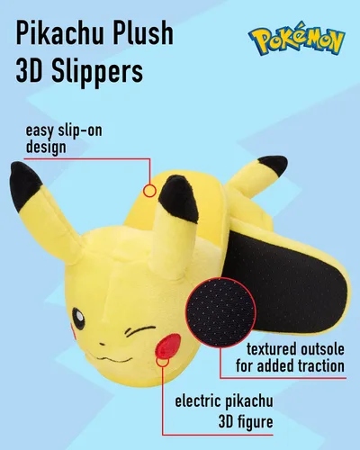 Vista 2 de Pokemon Pantuflas para niños Pantuflas peludas de felpa Pikachu y Pokeball (niño pequeñogrande)