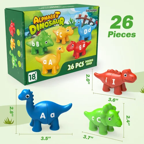 Vista 7 de 26 piezas de juguetes de aprendizaje del alfabeto de dinosaurios para niños de 3 a 5 años, juego de emparejamiento ABC de doble cara con mayúsculas