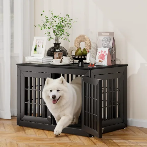 Vista 25 de Snuowu Mueble de jaula de perro resistente de 26 pulgadas para perros pequeños, medianos y grandes, jaula rústica de madera para perros, muebles