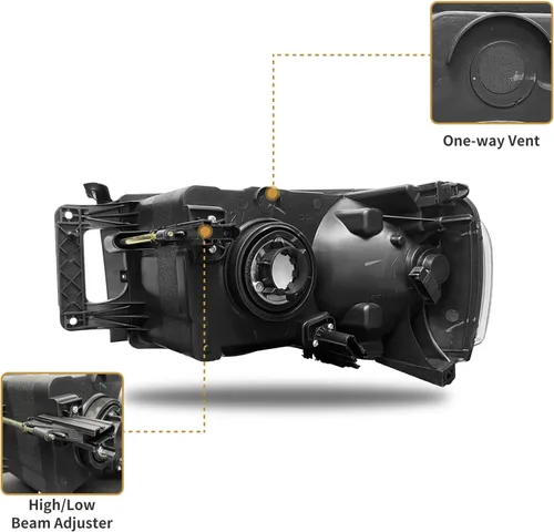 Vista 4 de Repuesto de conjunto de faros AS para Dodge Ram 1500 2002-2005/Ram 2500 3500 2003-2005 con carcasa negra, reflector ámbar, lentes transparentes