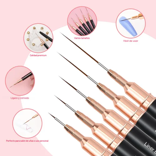 Vista 5 de Komall Pinceles Metálicos para Arte de Uñas, Set de 5 Pinceles de Línea, Pincel de Arte de Uñas con Gel UV para Líneas Largas, Detalles Finos, Negro