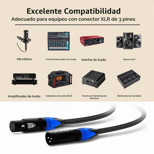 Vista 2 de Cable XLR, cables de micrófono de 1.5 pies, cable XLR corto macho a hembra de 3 pines adecuado para sistemas de altavoces, estación de radio