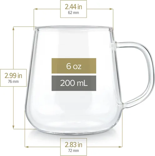 Vista 2 de Teabloom Juego de 2 tazas de vidrio de borosilicato prémium para té o café, 6 onzas, aptas para microondas y manchas