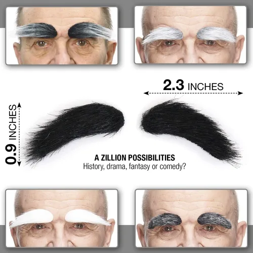 Vista 3 de Mustaches Cejas falsas autoadhesivas, novedosas, cejas tupidas, cabello facial, accesorio de disfraz para adultos, color negro brillante