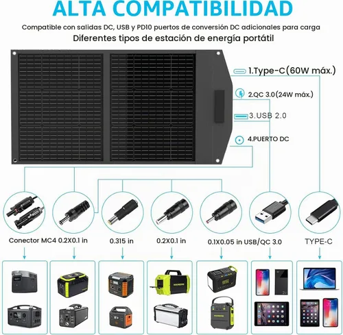 Vista 4 de MARBERO Panel Solar Portátil de 100W 100 Vatios Panel Solar Plegable para Estación de Energía con USB y Salida DC de 18V (10 Conectores) 23%