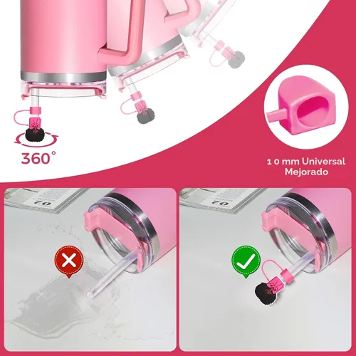Vista 4 de 6 piezas de cubiertas de pajita rosa y negra para vaso Stanley, lindas tapas de pajita de silicona para 10mm de punta de pajita, accesorios