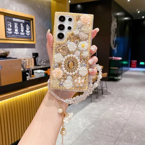 Vista 2 de iFiLOVE Funda para Samsung Galaxy S10 Bling Diamond Case con correa de flores, 3D de lujo con purpurina de cristal de imitación de perlas y rosas