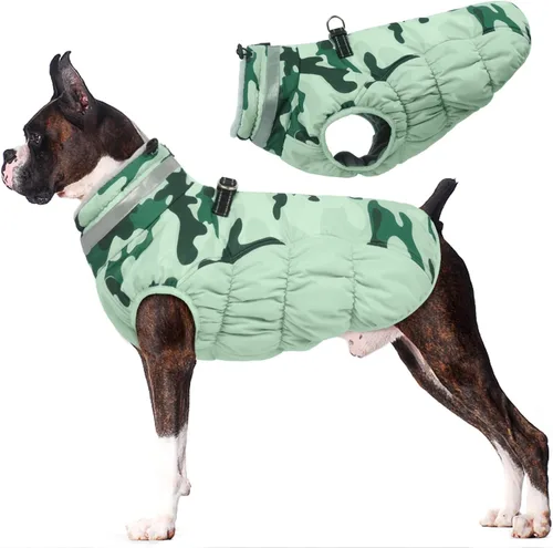 Vista 36 de Lelepet Abrigo cálido para perro, abrigo de invierno para perro, chaqueta impermeable para perros con arnés integrado reflectante de forro polar