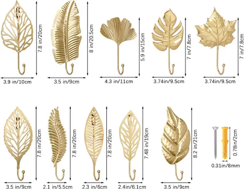 Vista 2 de 10 ganchos decorativos de pared con hojas doradas, ganchos para colgar abrigos, toallas, sombreros, perchas de metal para montaje en pared