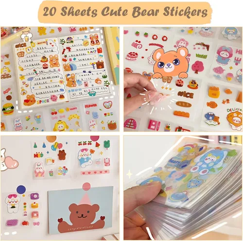 Vista 6 de Juego de 406 piezas de artículos de papelería de oso lindo, suministros de oficina Kawaii, incluye un divertido estuche para lápices, bolígrafos
