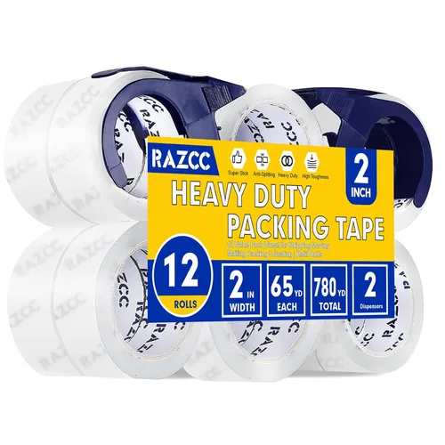 Vista 8 de RAZCC Cinta de embalaje, 12 rollos de cinta de embalaje transparente resistente con dispensadores para embalaje, envío, mudanza y correo, cinta